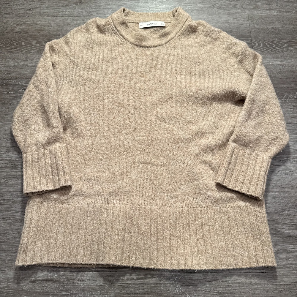 Zara Knit Sweater Womens M Tan Wool Blend Ribbed Trim Oversized‎ Cozy Minimalist